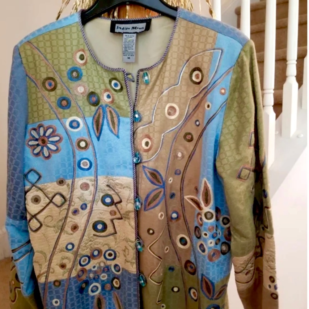 Indigo Moon top jacket, L,, Art-to-wear, M, embroidery , blue and neutral  tans